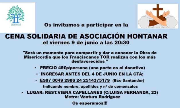El 9 de junio: Cena solidaria de la Asociación Hontanar